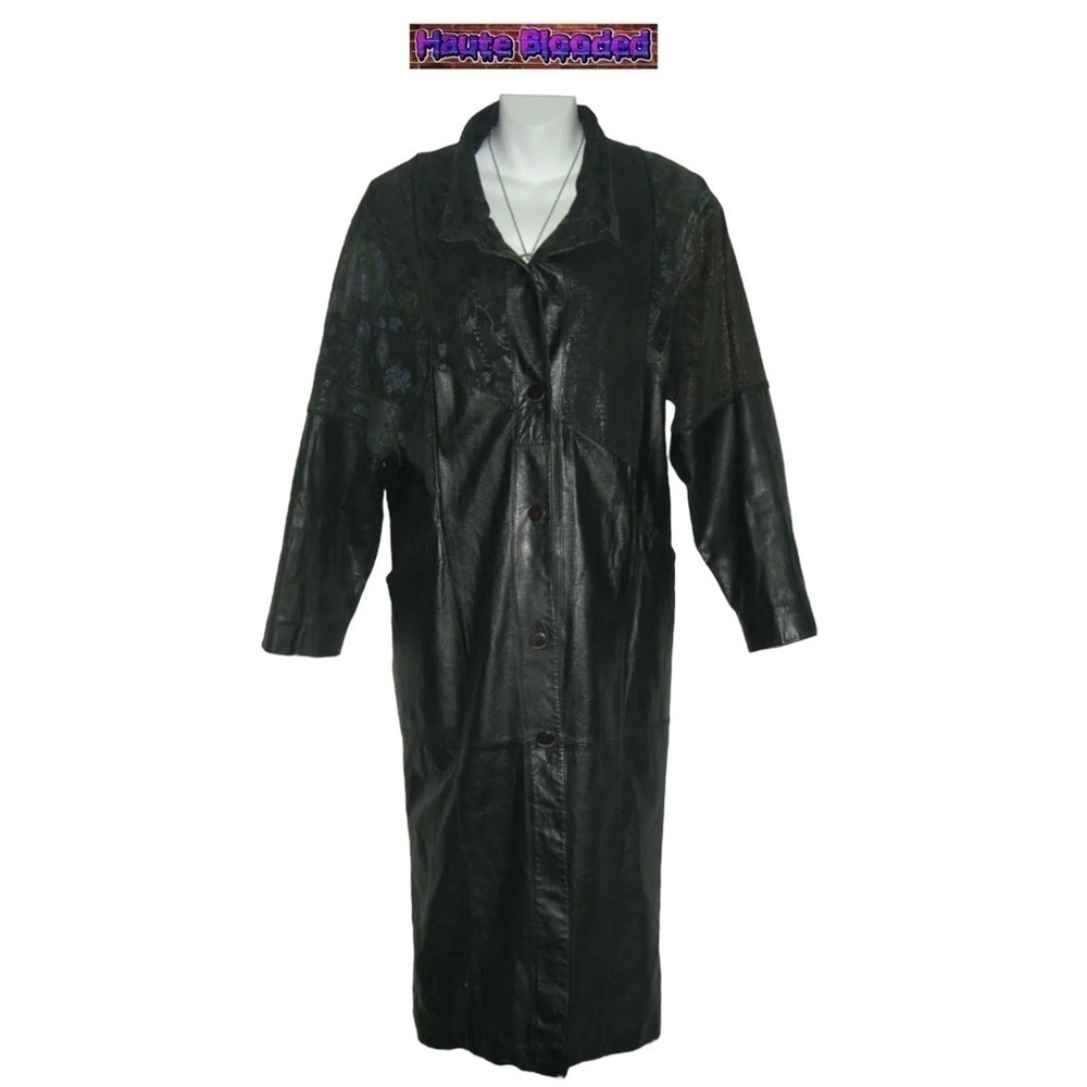 Vintage 90's Long Black Leather Trench Coat Holographic Boho Print Floor Length - Picture 3 of 15